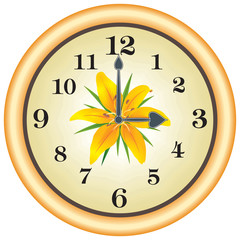 Large yellow wall clock with flower on a white background