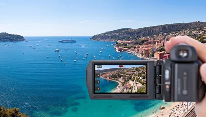 Afwasbaar Fotobehang Villefranche-sur-Mer, Franse Riviera Camcorder filmt de baai van Villefranche-sur-Mer