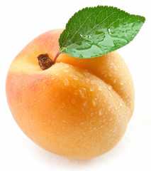 Apricot with leaf on a white background.