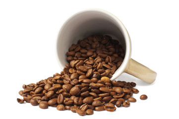 coffee beans, ceramic cup