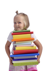little girl with heavy stack of books
