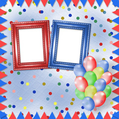 Bright multicolored background with frames, balloons and confett