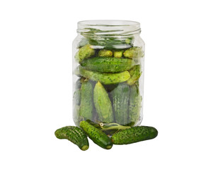 Glass jar with cucumber gherkin, isolated on white background