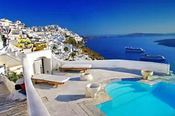 Fotobehang Donkerblauw luxe vakantie - Santorini