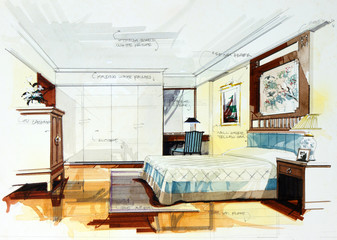 interior design perspective sketch handdrawn bedroom by pencil and watercolor on white paper...