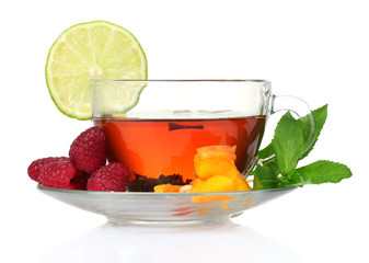 black tea in cup,mint, lime, peach and raspberry