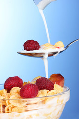 tasty cornflakes, fruit and milk in glass bowl