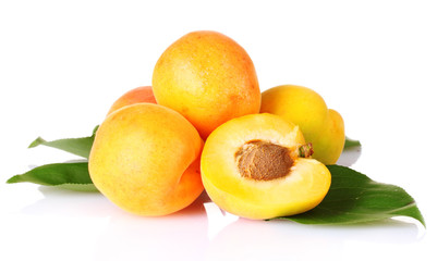 apricot with leaves isolated on white
