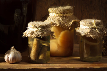 Homemade jar with vegetables in larder