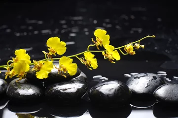 Foto op Plexiglas Oriental spa with brunch yellow orchid on pebbles © Mee Ting
