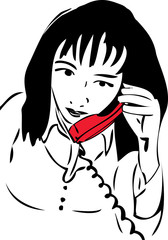 sketch of a girl talking on the phone the red