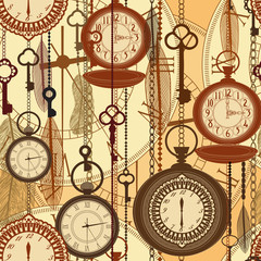 Vintage sepia seamless pattern with watches, feathers and keys