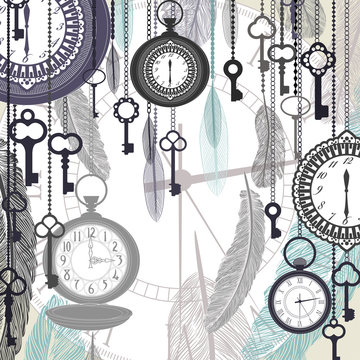 Vintage vector background with pocket watches and feathers