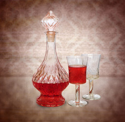 Vintage wine decanter and two glasses
