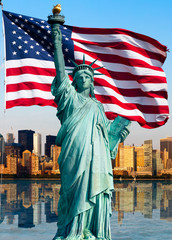 Obraz premium Panoramę Nowego Jorku, Statuę Wolności
