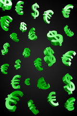 Green Evro and Dollar signs rain.Isolated on a black background