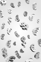 Evro and Dollar signs rain.Isolated on a gray background