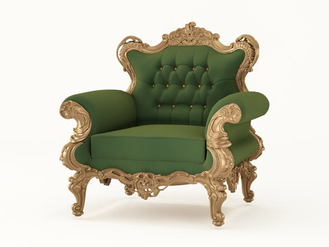 Royal armchair with luxurious frame. Fabric furniture