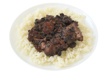 Meat with sausages and beans on rice