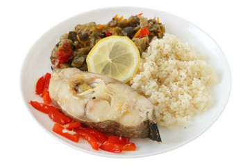 Boiled fish with rice and vegetables