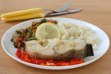 Boiled fish with rice and vegetables