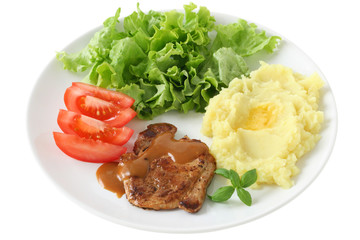 Fried pork with sauce and mashed potato