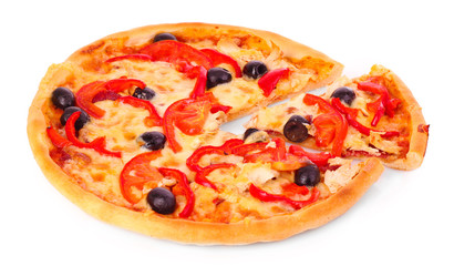 Pizza with olives and tomatoes closeup