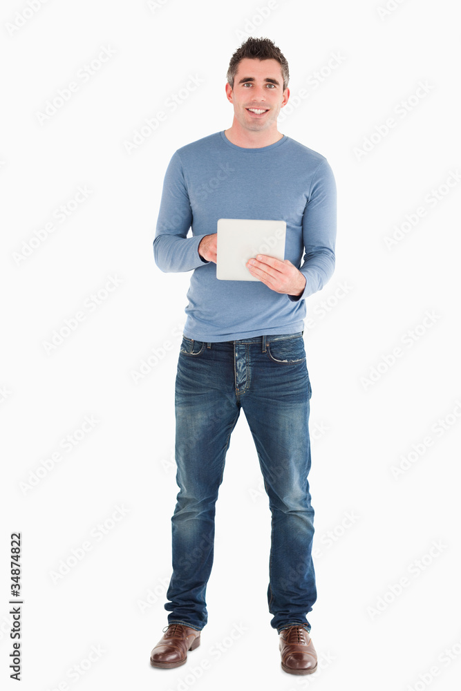 Poster man holding a tablet computer