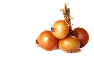Bunch of brown onions on a white background.