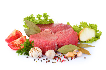 raw  meat, vegetables and spices isolated on white