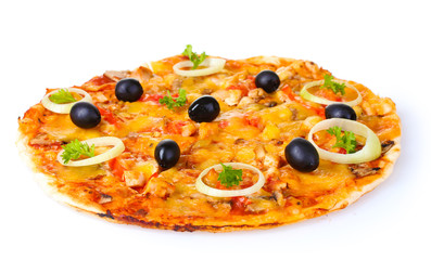 tasty pizza with vegetables and meat isolated on white