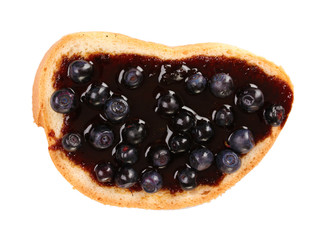 yummy toast with jam and blueberries isolated on white