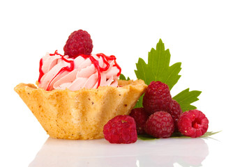 tasty cake with cream and raspberries isolated on white