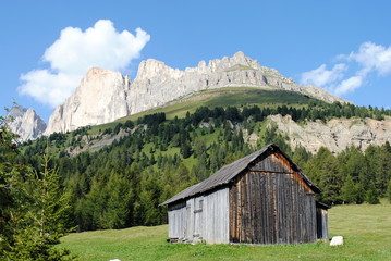 Fototapeta na wymiar Drewniana chata w Dolomitach w tle