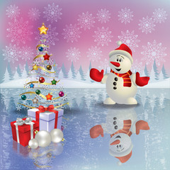 Christmas greeting with snowman and gifts