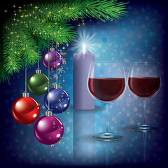 Christmas greeting with wine glasses and candle