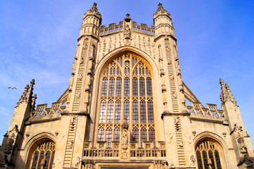 The gothic facade of Bath Abbey, England
