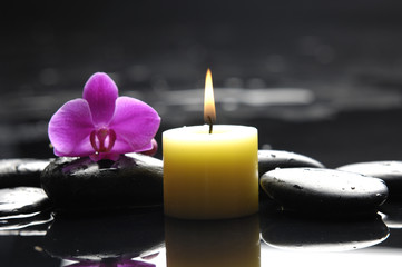 spa scene -aromatherapy candle and pink orchid on zen stones