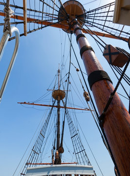 View of mast and rigging on the tall sail ship.