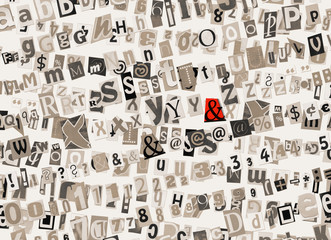 Abstract monochrome collage background with red sign "&"