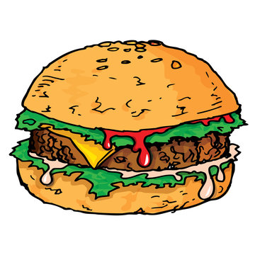 Illustration of a large juicy hamburger