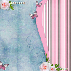 Card for congratulation or invitation with pink roses, butterfly