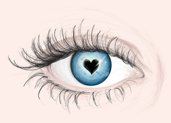 Blue EYE with pupil like Heart / Vector Sketch