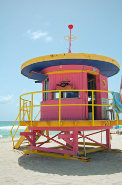 Pink Lifeguard Tower On Miami Beach