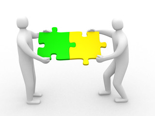 Two person matching puzzle pieces