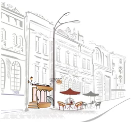 Foto auf Acrylglas Gezeichnetes Straßencafé Reihe von Straßencafés in Skizzen