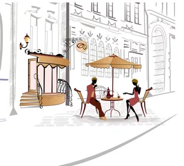 Papier Peint photo Café de rue dessiné Série de café de rue en croquis avec des gens