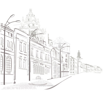 Series of sketches of old cities streets
