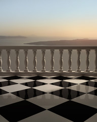 Antique, romantic marble balcony checkered floor greek sunset