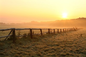 Sunrise over grassland with idyllic fence in the foreground